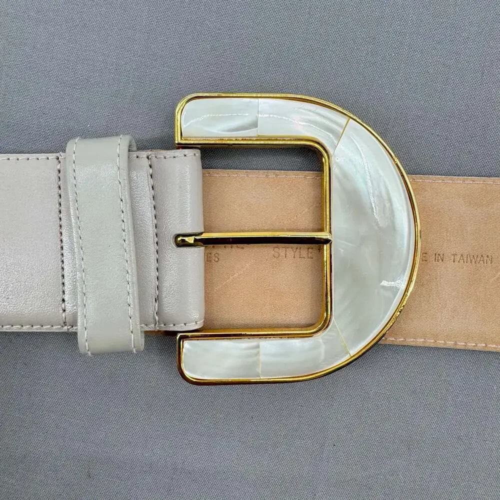 Liz Claiborne White Pearl-Embellished Leather Belt with Gold Buckle, Size Large